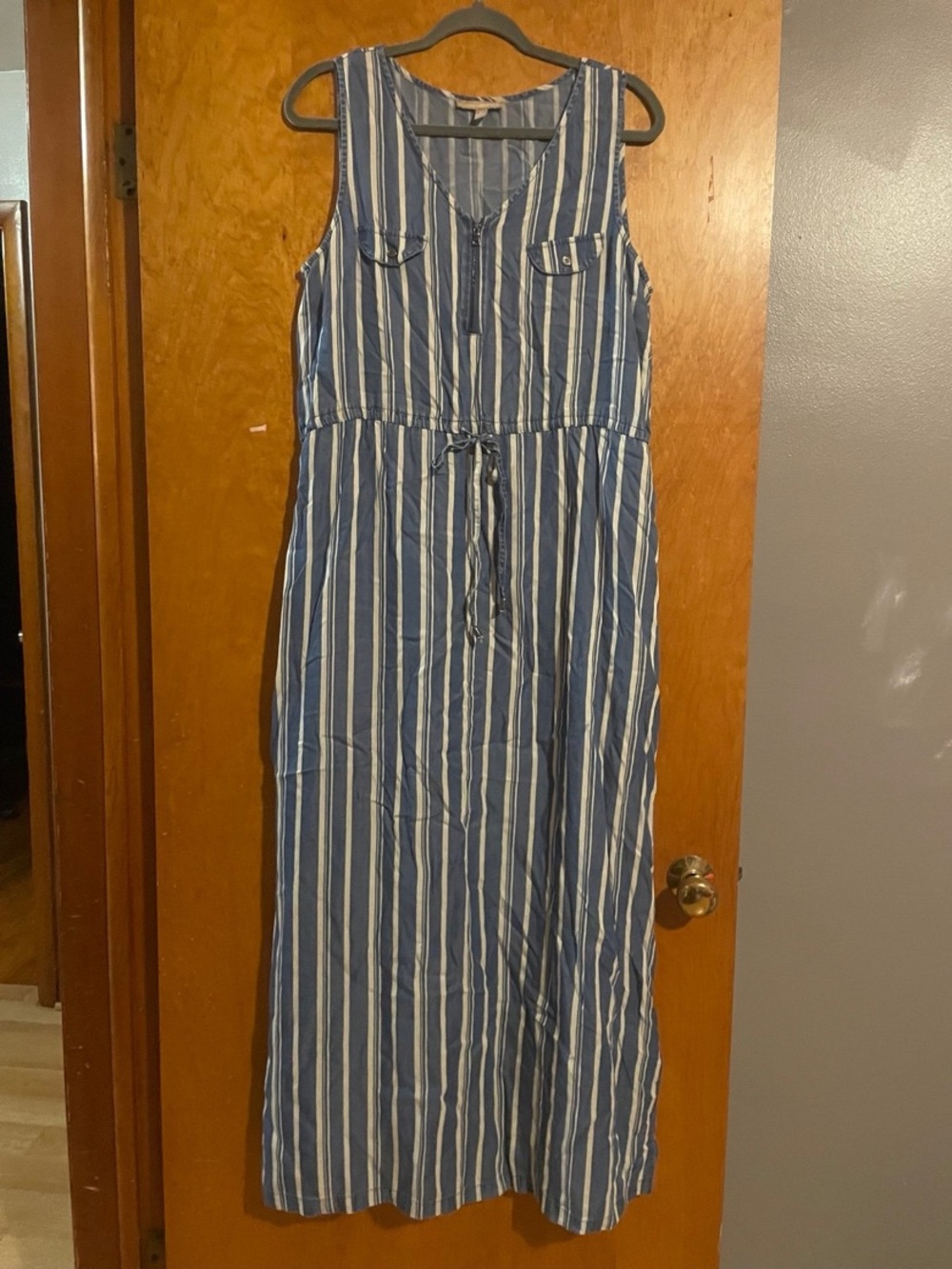 Sleeveless Blue and White Striped Maxi Dress with Drawstring Waist